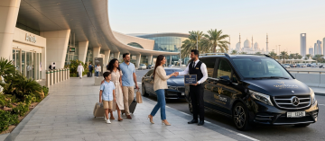 family airport pickup Abu Dhabi chauffeur meet and greet private transfer VooTours luxury van service UAE