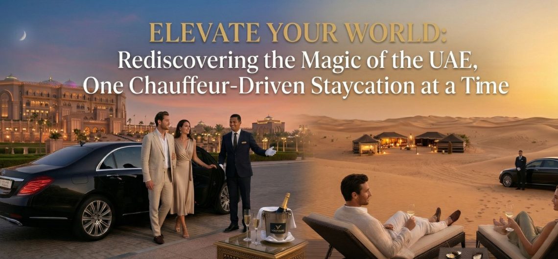 luxury chauffeur service UAE with couple arriving at palace hotel and enjoying desert staycation experience