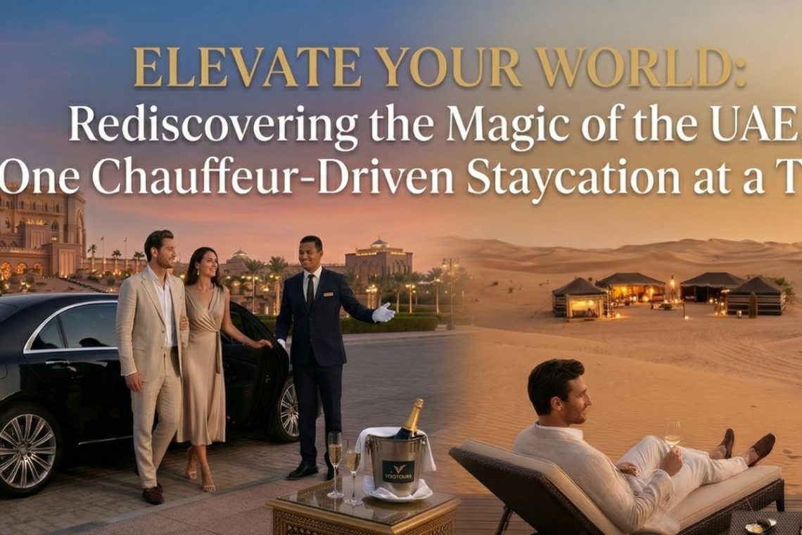 luxury chauffeur service UAE with couple arriving at palace hotel and enjoying desert staycation experience