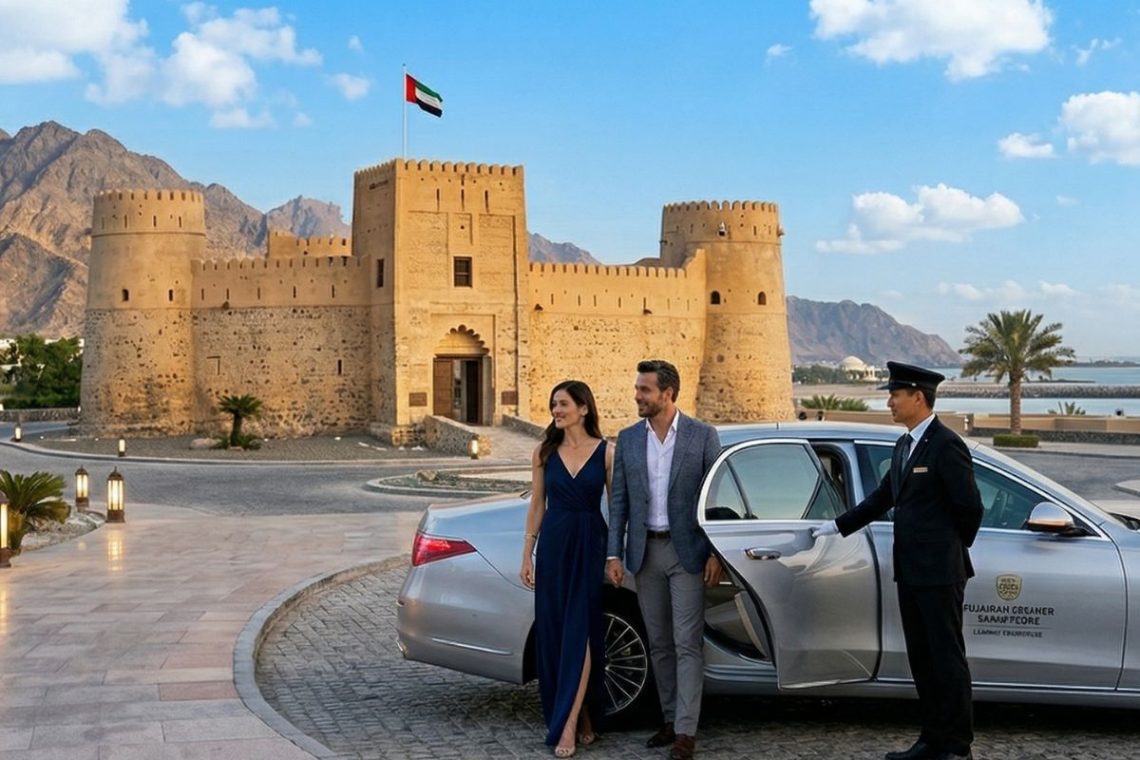 luxury car with chauffeur driving through Fujairah mountains and coast