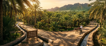 Al Ain Oasis falaj irrigation system with palm trees and traditional farming UAE