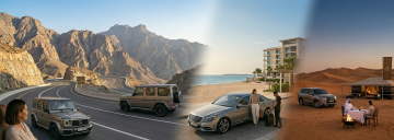 luxury SUV driving through mountains beach resort desert dinner experience UAE