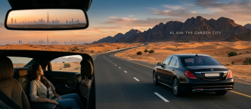 luxury car driving from Dubai to Al Ain desert road with skyline in background