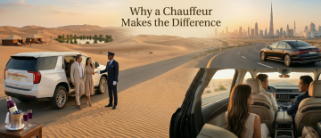 private chauffeur UAE luxury SUV desert road trip city skyline drive premium travel experience