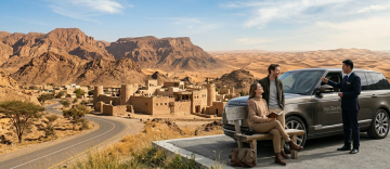 luxury sedan driving through desert road at sunset Al Ain UAE chauffeur service