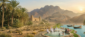Al Ain oasis hot springs with family, palm trees, mountains and traditional fort UAE