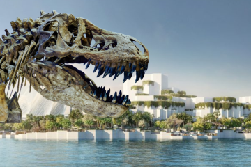 T-Rex dinosaur skeleton display near waterfront at Natural History Museum Abu Dhabi Saadiyat Island