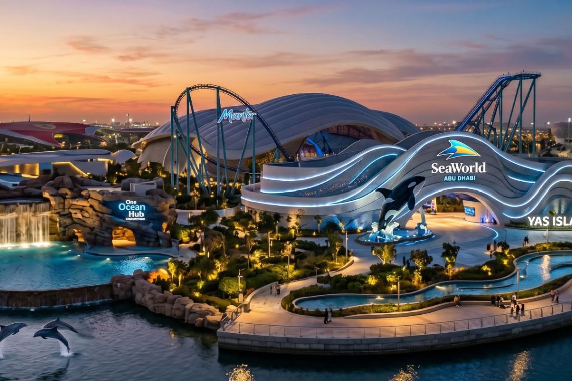 seaworld abu dhabi yas island exterior view sunset marine theme park entrance