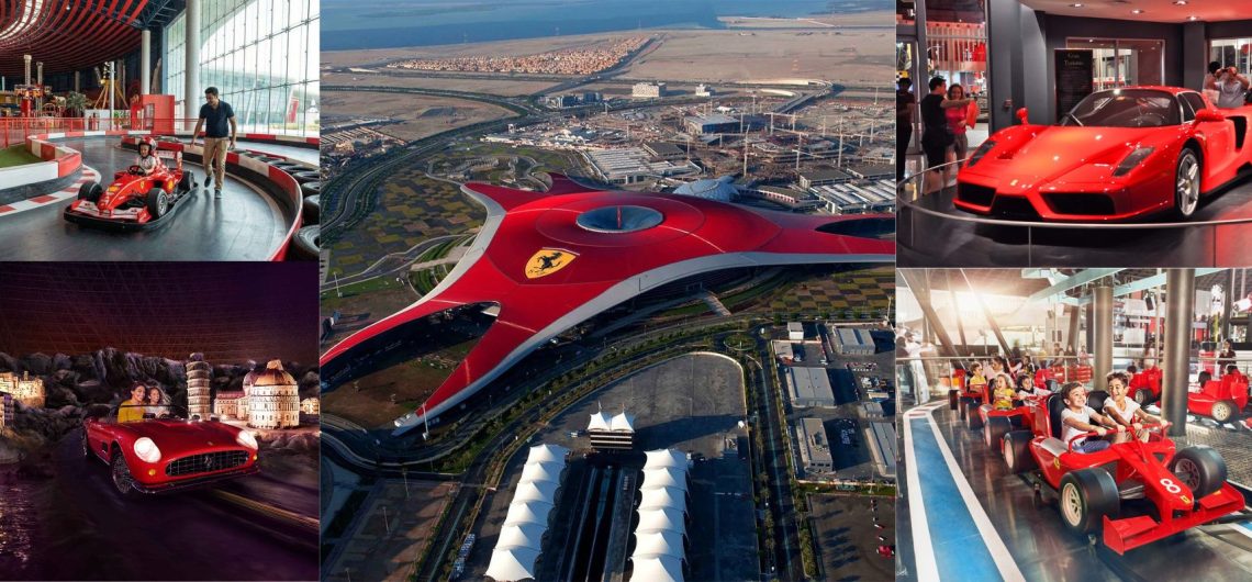 Ferrari World Abu Dhabi Yas Island aerial view rides family attractions collage