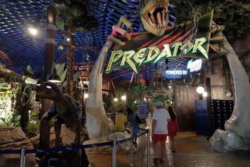 Predator roller coaster entrance with dinosaur theme IMG Worlds Dubai