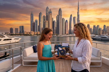 Mother gifting luxury hamper to daughter on yacht with Dubai Marina skyline and Burj Khalifa at sunset