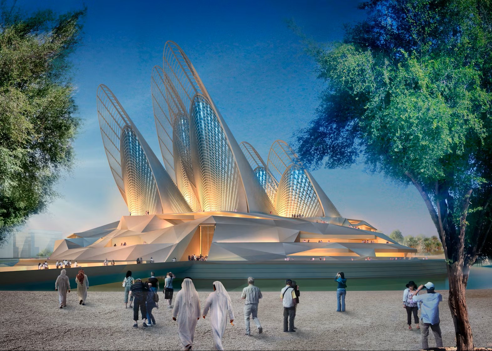 El Museo de Historia Natural de Abu Dabi presenta una arquitectura futurista con una estructura iluminada y atrae a visitantes al Distrito Cultural de Saadiyat.