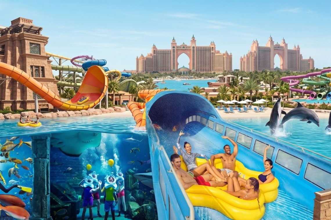 A panoramic collage of Aquaventure World Dubai featuring water slides, dolphins jumping, an underwater aquarium with scuba divers and rays, and the iconic Atlantis The Palm resort in the background.