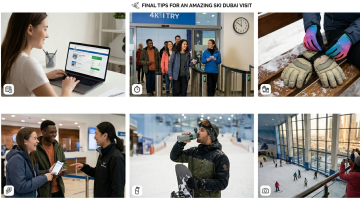 A grid of six photos illustrating tips: online booking, arriving on time, wearing gloves, mobile tickets, staying hydrated, and taking photos.