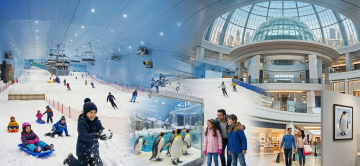 A collage showing various activities at Ski Dubai: skiing, kids tubing, a penguin encounter, and the connected luxury shopping mall.