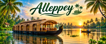 Luxury houseboat cruising through the tranquil backwaters of Alleppey at sunset in Kerala, India.