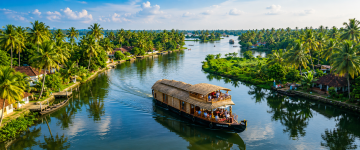 Luxury houseboat cruising through the peaceful Alleppey backwaters surrounded by coconut palms and traditional Kerala villages.