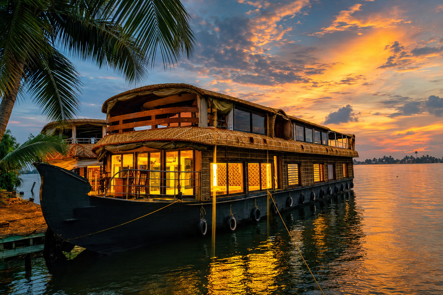 Luxury Kerala houseboat moored on the Alleppey backwaters during a colorful sunset.