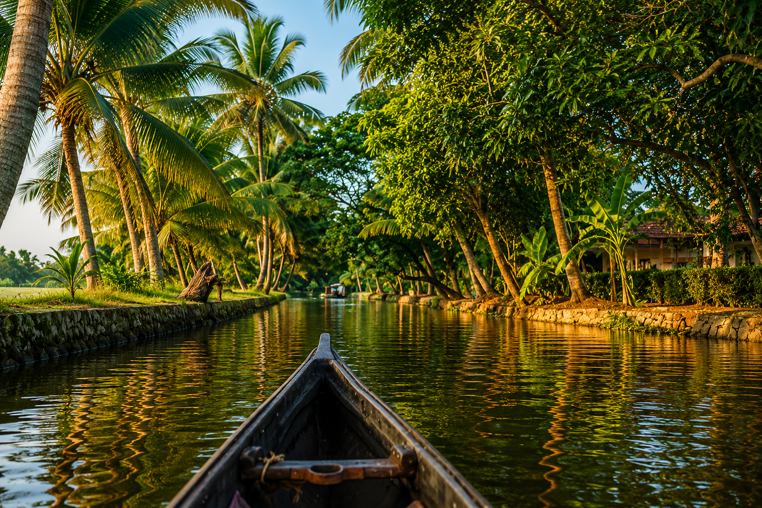 Traditional canoe gliding through the peaceful canals of the Alleppey backwaters in Kerala.