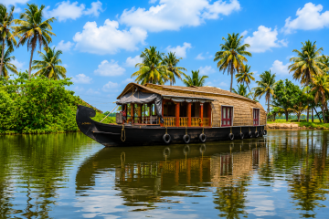O plutitoare tradițională de lux care navighează prin apele liniștite ale insulei Alleppey, înconjurată de palmieri de cocos din Kerala.