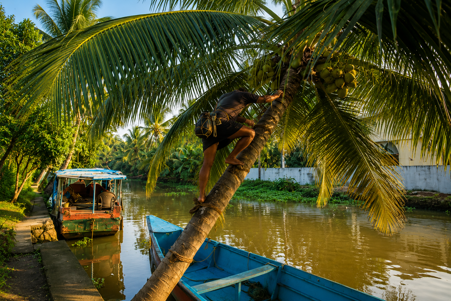 Local farmer climbing a coconut tree along the Alleppey backwaters in Kerala.