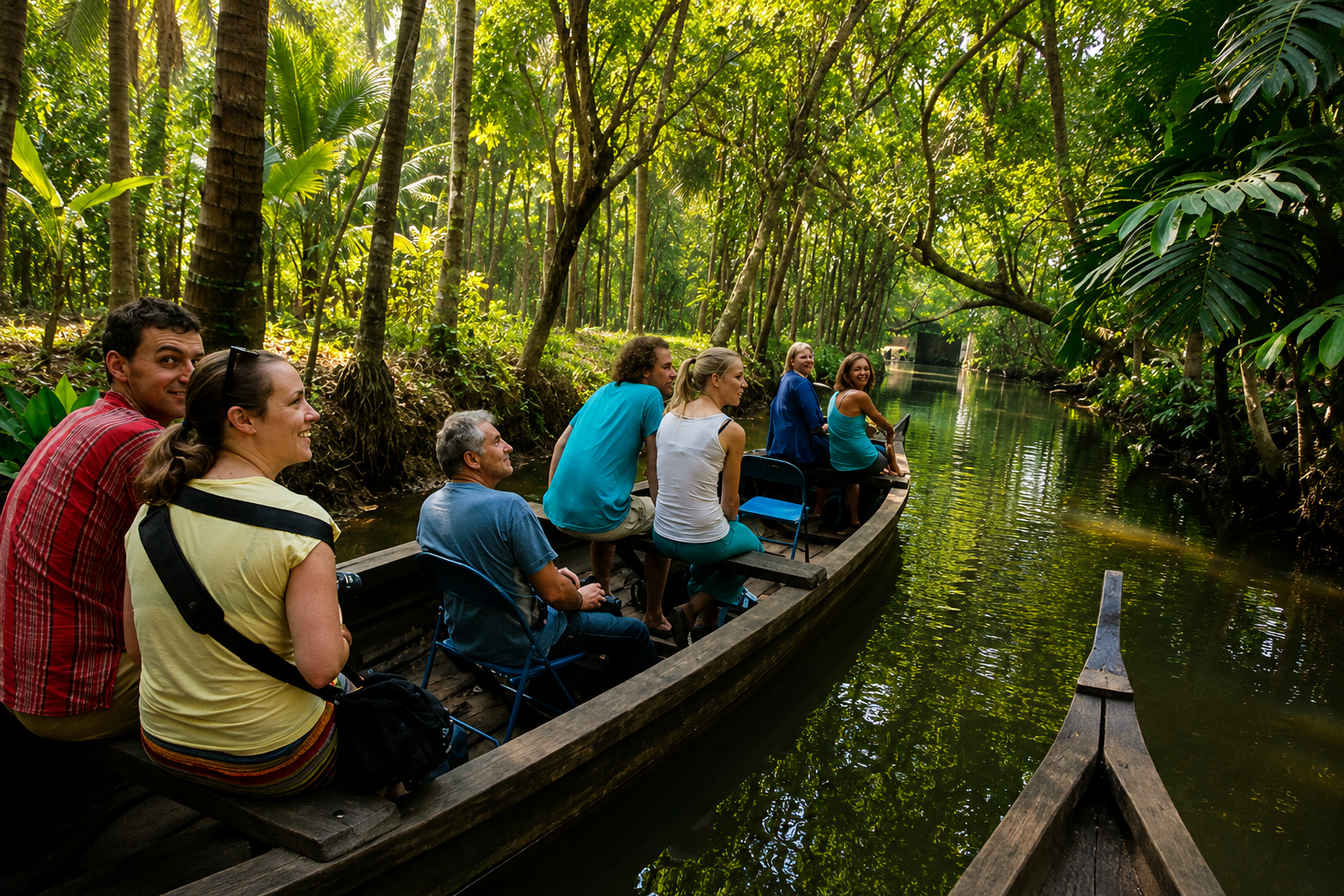 Tourists enjoying a traditional boat ride through the lush canals of Alleppey, Kerala.