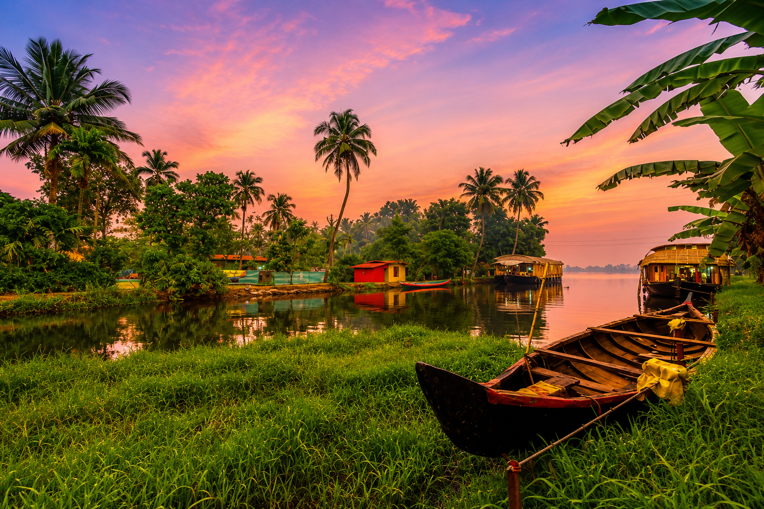 Sunset view of traditional boats and Kerala houseboats along the Alleppey backwaters.
