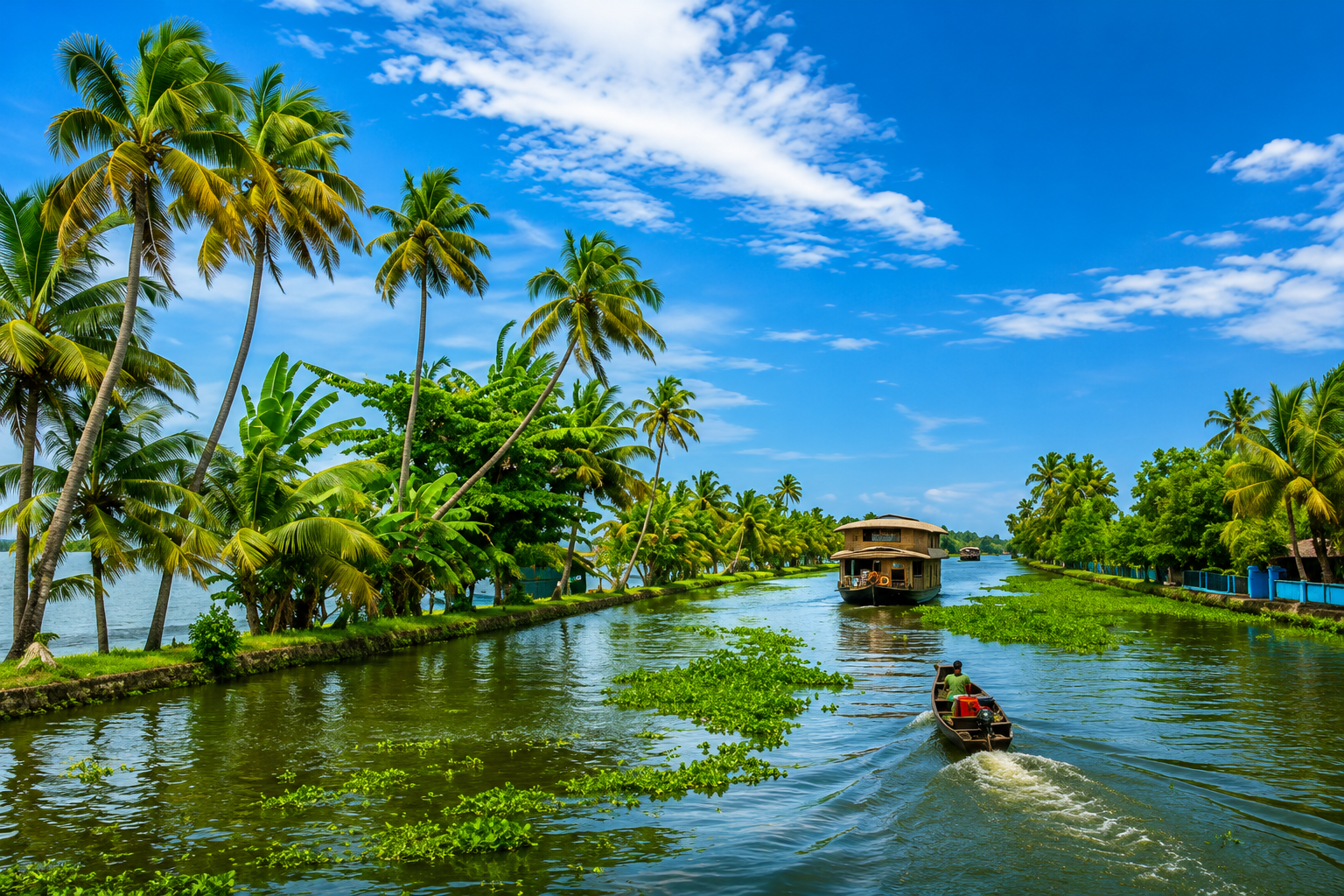 Traditional Kerala houseboat cruising through coconut-lined canals in Alleppey.