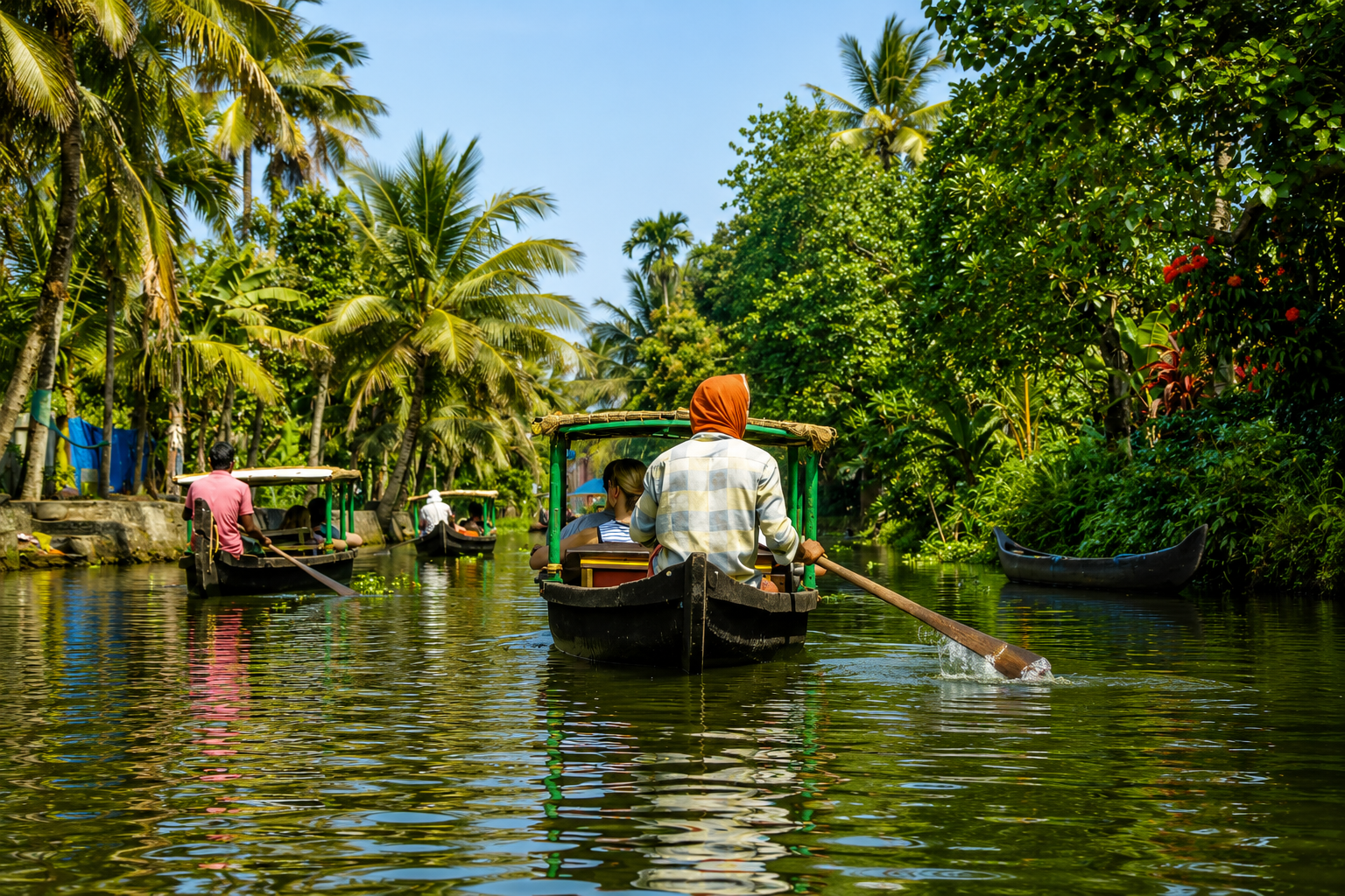 Traditional canoe gliding through the narrow canals of Alleppey backwaters in Kerala.