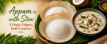 Kerala appam served with creamy vegetable stew in coconut milk.