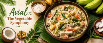 Kerala Avial made with mixed vegetables, coconut, and yogurt served on banana leaf.