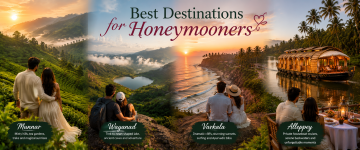 Romantic Kerala honeymoon destinations featuring Munnar, Wayanad, Varkala Beach, and Alleppey luxury houseboat experiences for couples.