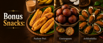 Kerala snack platter featuring Pazham Pori, Unniyappam, and Arikkadukka.