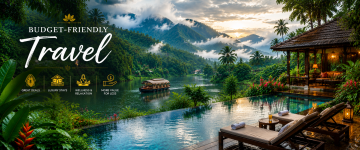 Luxury Kerala resort, infinity pool and houseboat surrounded by lush mountains during the monsoon season.