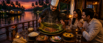 Private chef serving a traditional Kerala seafood dinner to a couple aboard a luxury houseboat at sunset.