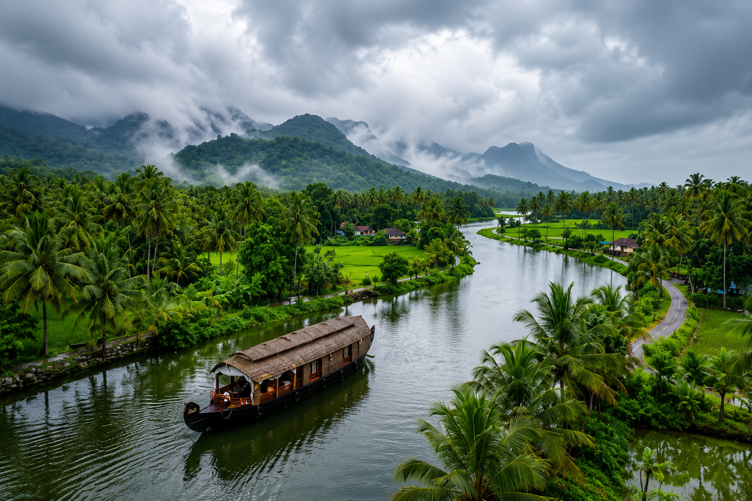 Traditional Kerala houseboat sailing through peaceful backwaters surrounded by coconut palms and lush green landscapes.