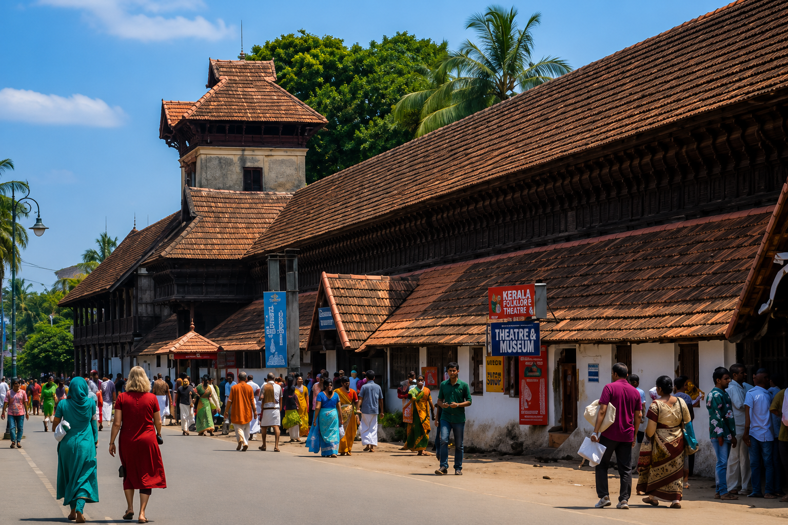Visitors walking outside the historic Sree Padmanabhaswamy Temple showcasing traditional Kerala architecture in Thiruvananthapuram.