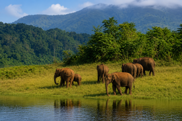A herd of wild Asian elephants grazing near a lake in Periyar Wildlife Sanctuary, Kerala.