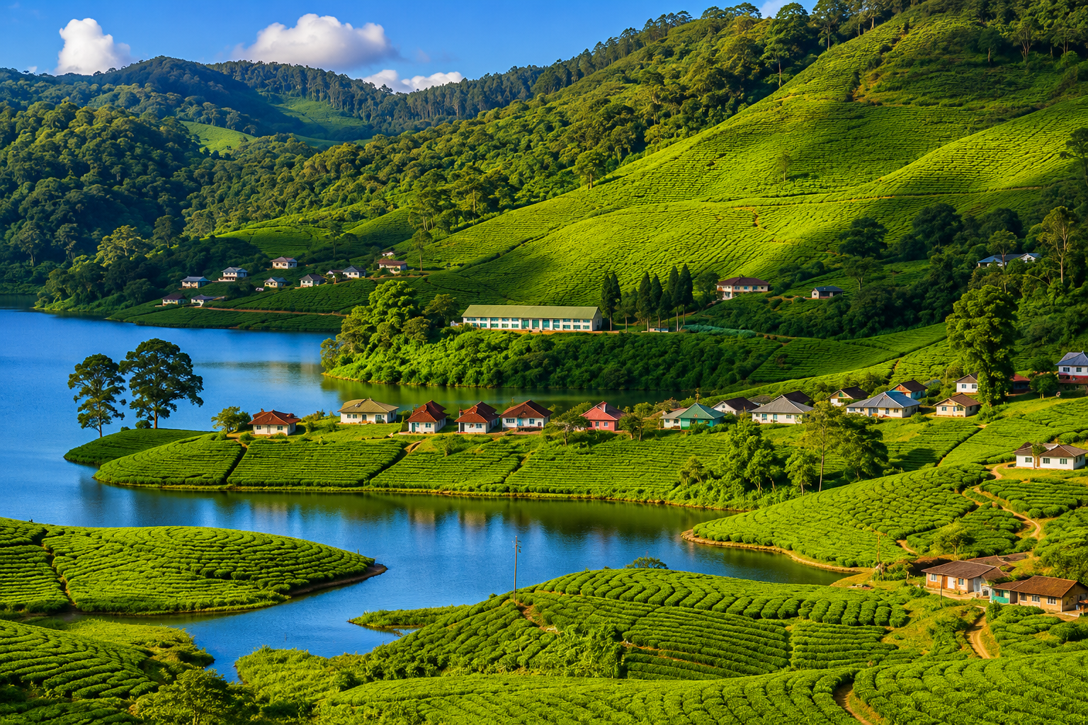 Rolling tea plantations, tranquil lake, and charming cottages in the picturesque hills of Munnar, Kerala.