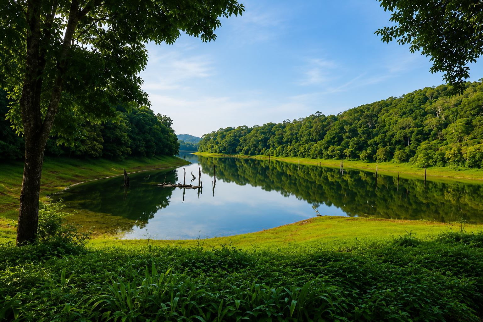 Scenic view of Periyar Lake surrounded by lush forests and rolling hills in Thekkady, Kerala.