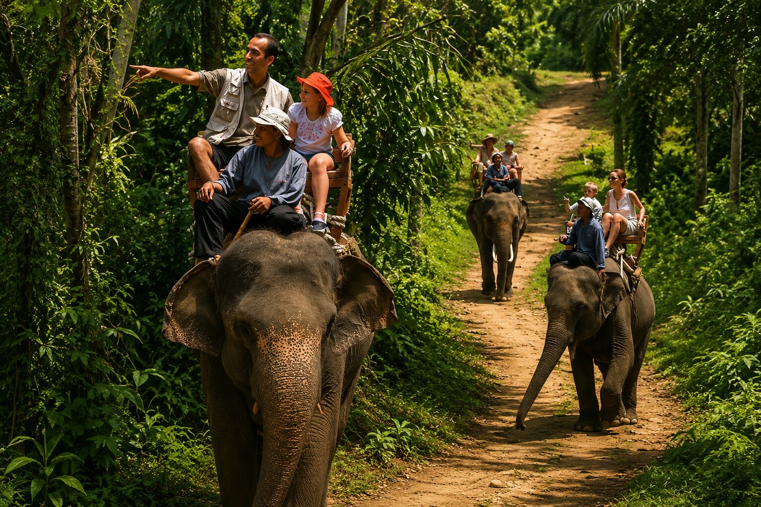 Visitors enjoying an elephant safari through the lush forests of Thekkady in Kerala.