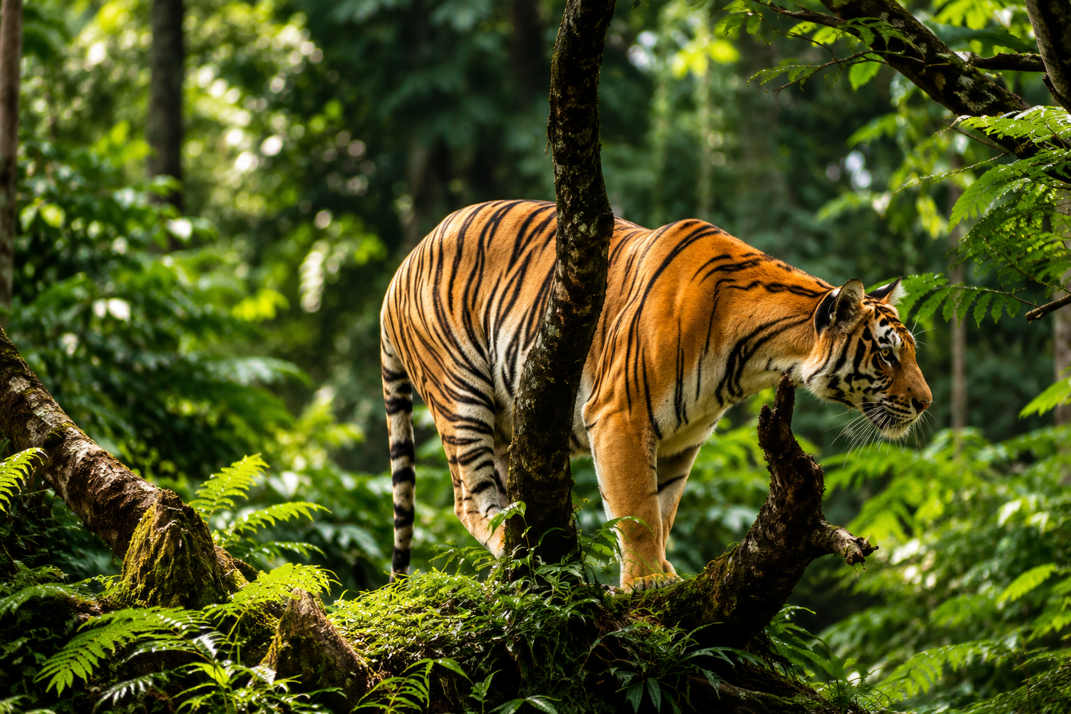 A majestic Bengal tiger walking through the dense rainforest of Periyar Tiger Reserve in Kerala.
