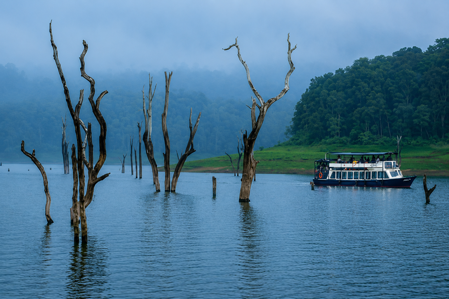 Tourist boat cruising across Periyar Lake surrounded by misty forests and submerged tree trunks.
