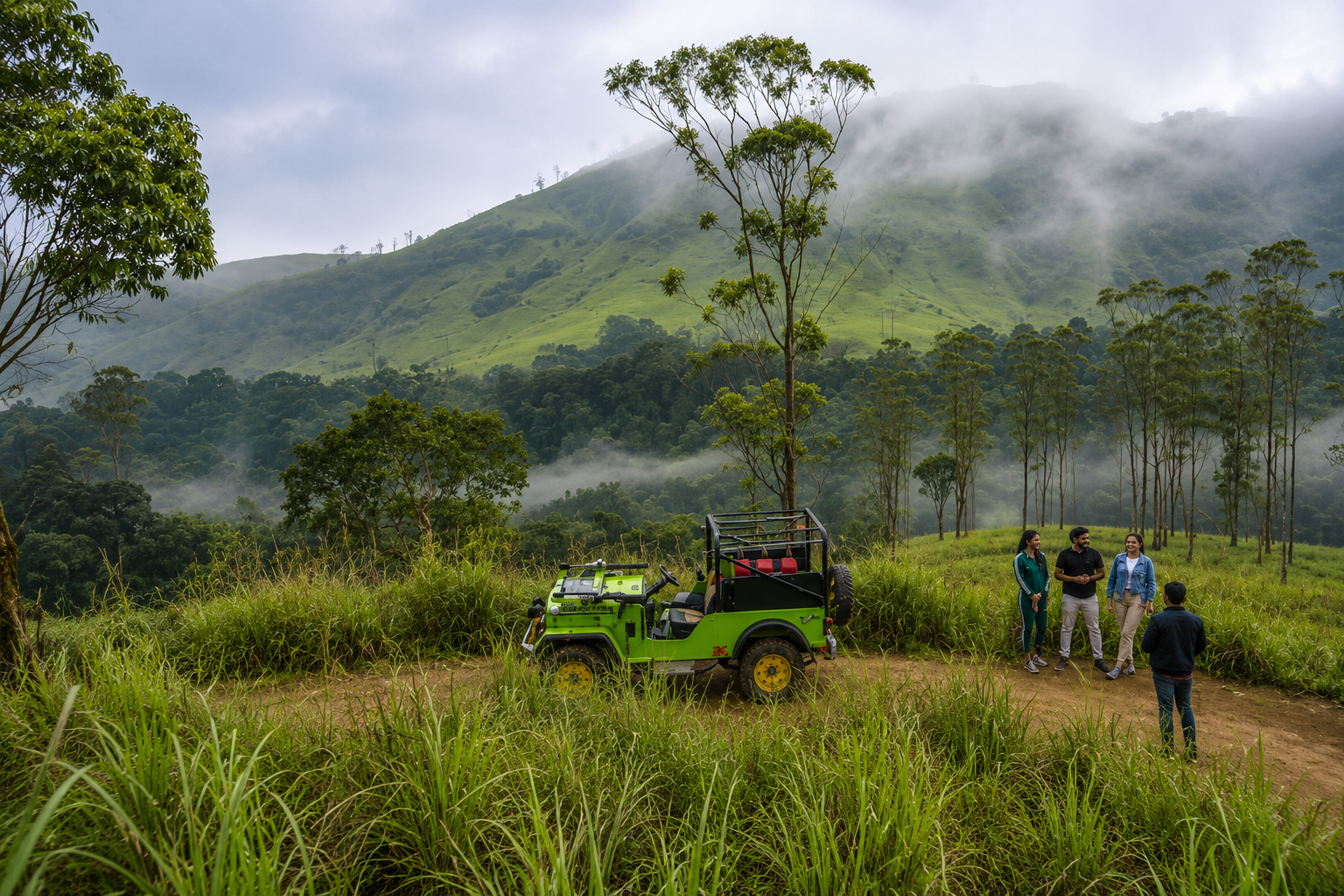 Adventure jeep parked amidst misty hills and forests during a safari tour in Thekkady, Kerala.