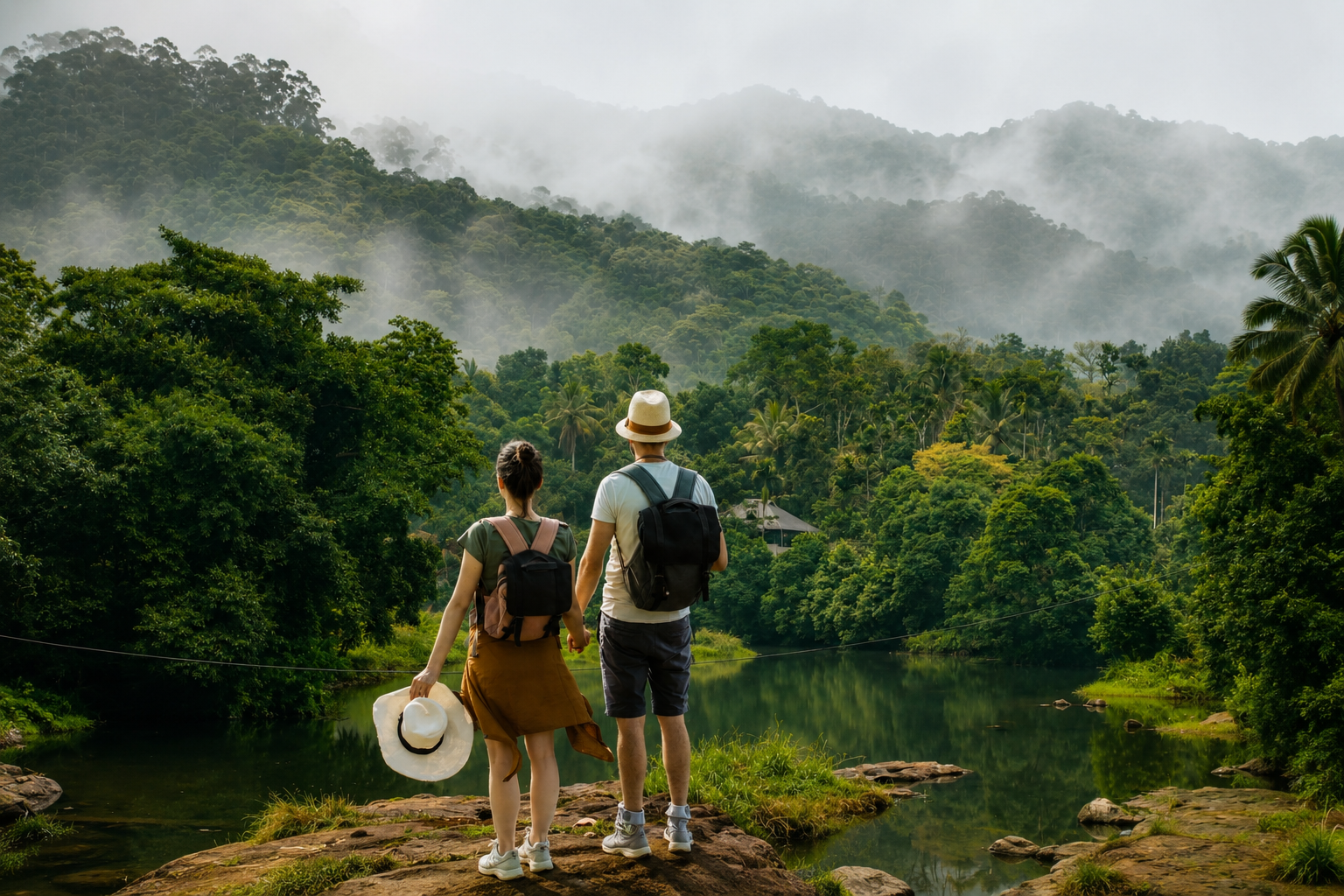 Couple with backpacks overlooking a peaceful river surrounded by lush forests and mist-covered hills in Kerala.