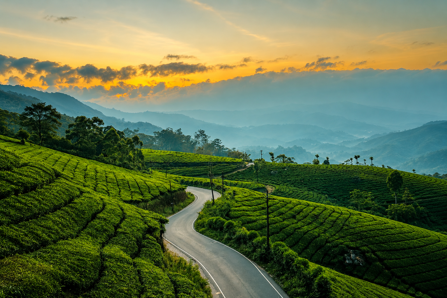 Fog drifting across tea plantations and forested hills in Munnar, Kerala.