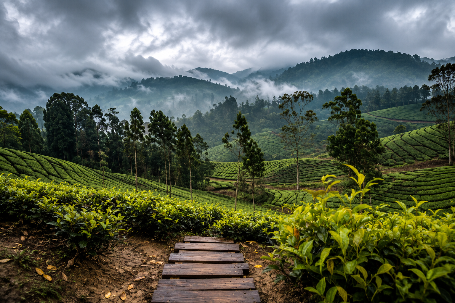 Winding road passing through lush green tea plantations in Munnar during sunrise.