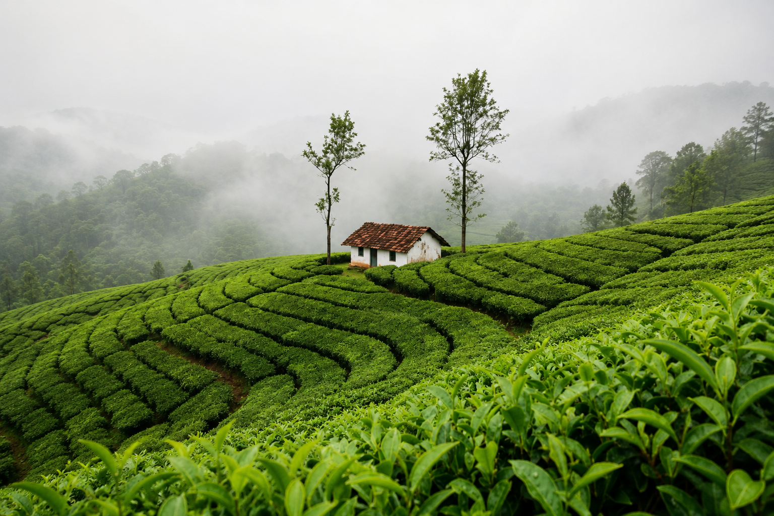 Small countryside cottage surrounded by lush tea plantations in Munnar with misty hills.