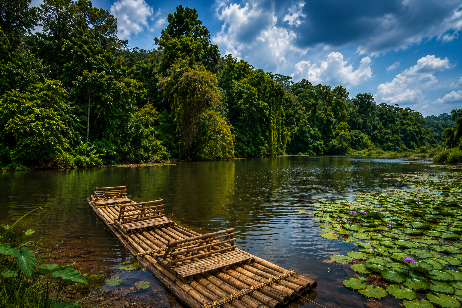 Traditional bamboo raft floating on a peaceful lake surrounded by dense forests in Periyar.