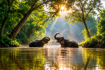 Doi elefanți asiatici sălbatici se joacă într-un râu înconjurat de o junglă tropicală luxuriantă din Kerala.